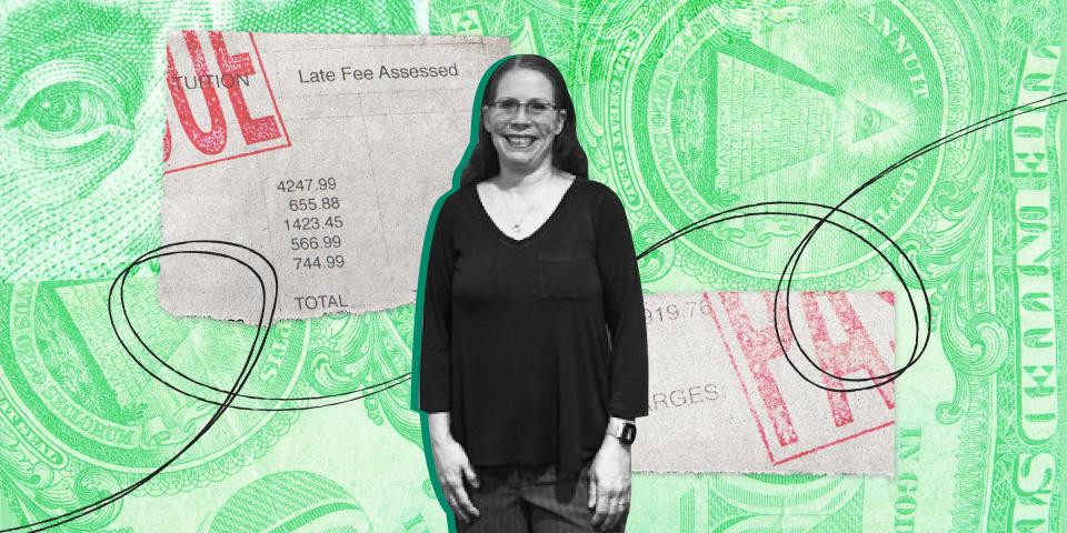 Woman in front of student bills against a green background made up of collaged close-ups of a 100 dollar bill