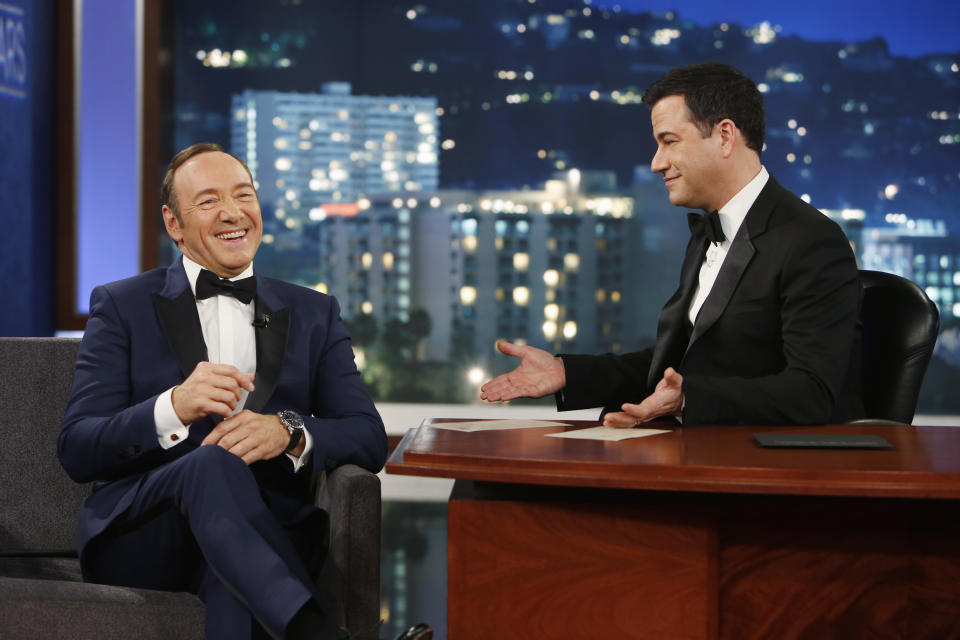 In this image provided by ABC, Kevin Spacey appears on the 9th annual "Jimmy Kimmel Live: After the Oscars" special in Los Angeles on March 2, 2014. Spacey's appearance followed a brief cameo by Toronto Mayor Rob Ford, who was scheduled to appear on the March 3 show. Ford is claiming he wouldn't know Kevin Spacey "if I ran over him," after the House of Cards star poked fun at the mayor after his cameo. (AP Photo/ABC, Randy Holmes)