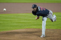 Atlanta Braves starting pitcher Cole Hamels throws a pitch to the Baltimore Orioles during the first inning of a baseball game, Wednesday, Sept. 16, 2020, in Baltimore. (AP Photo/Julio Cortez)