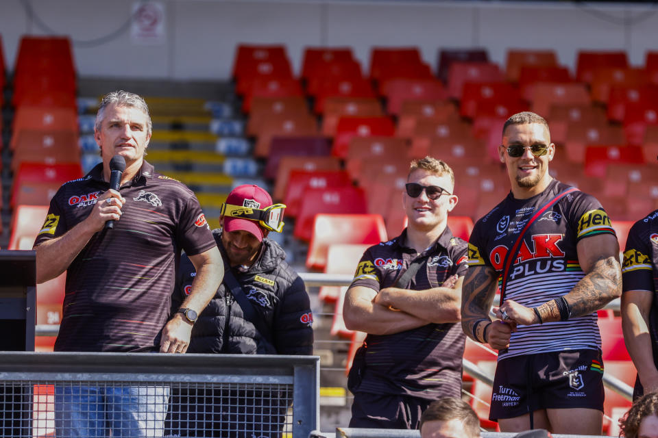 Ivan Cleary coach (pictured left) talks during the Penrith Panthers' NRL grand final celebrations.