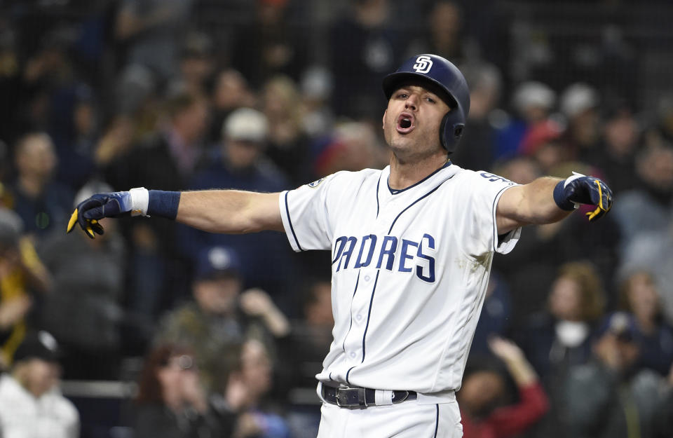 SAN DIEGO, CA - MAY 16: Ian Kinsler #3 of the San Diego Padres celebrates after hitting a three-run home run during the sixth inning of a baseball game against the Pittsburgh Pirates at Petco Park May 16, 2019 in San Diego, California.  (Photo by Denis Poroy/Getty Images)