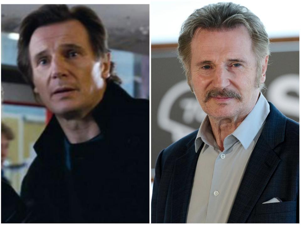 Liam Neeson in ‘Love Actually’ and in 2022 (Universal, Getty)