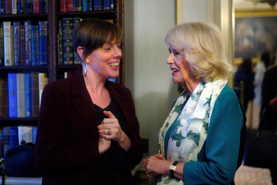 LONDON, ENGLAND - JANUARY 25: Camilla, Duchess of Cornwall talks with Jess Phillips MP during a reception at Clarence House in London to mark 50 years of Refuge on January 25, 2022 in London, England. (Photo by Victoria Jones - WPA Pool/Getty Images)