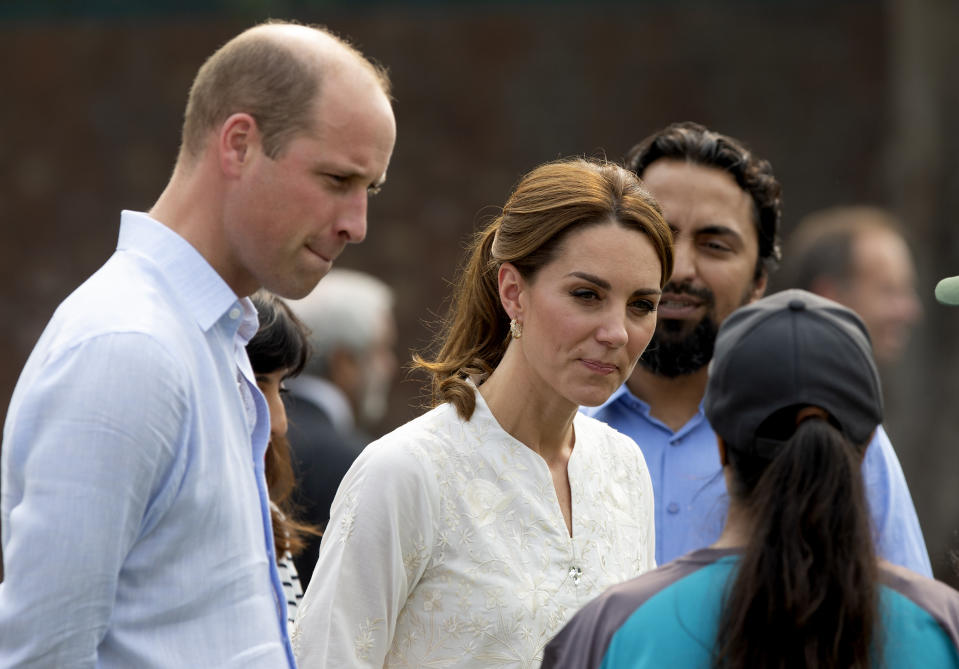 Britain's Prince William and his wife Kate, Duchess of Cambridge meet Pakistani girls during their visit at the Pakistan Cricket Academy in Lahore, Pakistan on Thursday. Source: AP Photo/B.K. Bangash