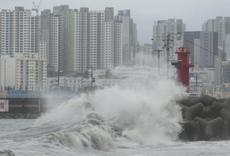 High waves crash a shore as the tropical storm named Khanun approaches to the Korean Peninsular, in Busan, Thursday, Aug. 10, 2023. A strong tropical storm blew ashore in South Korea on Thursday morning, dumping heavy rain and pummeling its southern regions after thousands of people were evacuated. (AP Photo/Ahn Young-joon)