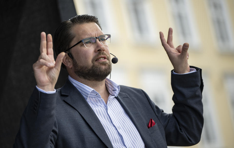 Sweden Democrats' party leader Jimmie Åkesson campaigns at Stortorget in Malmo, Sweden, Saturday, Sept. 10, 2022, the day before the election. Sweden is holding an election on Sunday to elect lawmakers to the 349-seat Riksdag as well as to local offices across the nation of 10 million people. (Johan Nilsson/TT News Agency via AP)