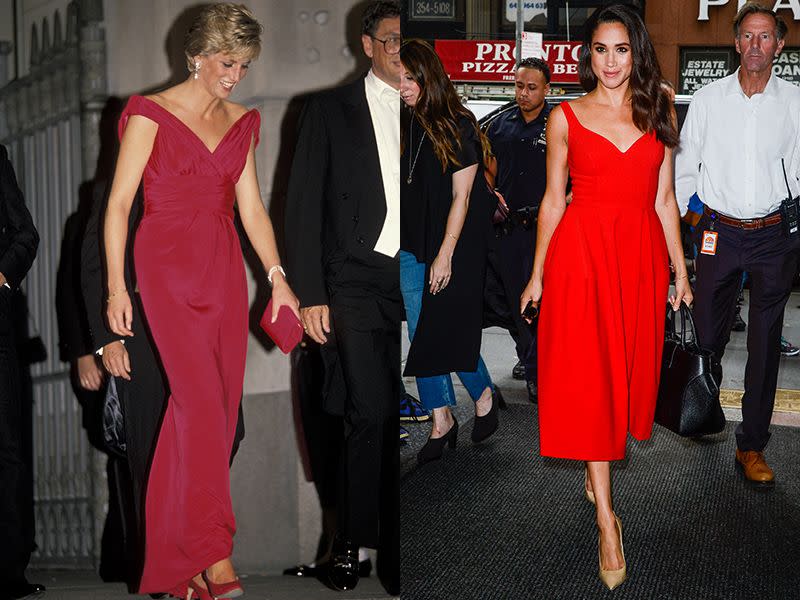 <p> For a July 2016 appearance on the&#xA0;<em>Today</em>&#xA0;<em>Show</em>&#x2014;right around the time she met Harry&#x2014;Meghan wore a bright red dress with a plunging v-shaped neckline. Diana wore a similar (albeit darker and longer) gown to a gala dinner in Washington, D.C. in October 1990. </p>