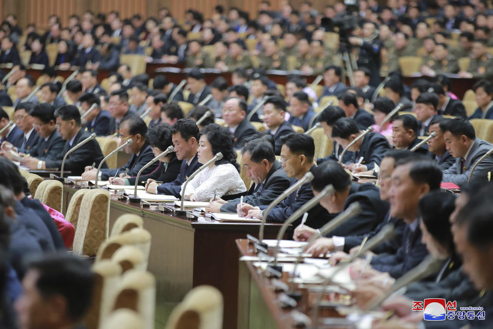 In this photo provided by the North Korean government, members of the Supreme People’s Assembly attend a meeting in Pyongyang, North Korea Sunday, Jan. 17, 2021. North Korea’s rubber-stamp parliament has passed decisions made by a major ruling party meeting where leader Kim Jong Un vowed to bolster his nuclear deterrent and established plans to salvage a dismal economy. Independent journalists were not given access to cover the event depicted in this image distributed by the North Korean government. The content of this image is as provided and cannot be independently verified. Korean language watermark on image as provided by source reads: "KCNA" which is the abbreviation for Korean Central News Agency. (Korean Central News Agency/Korea News Service via AP)