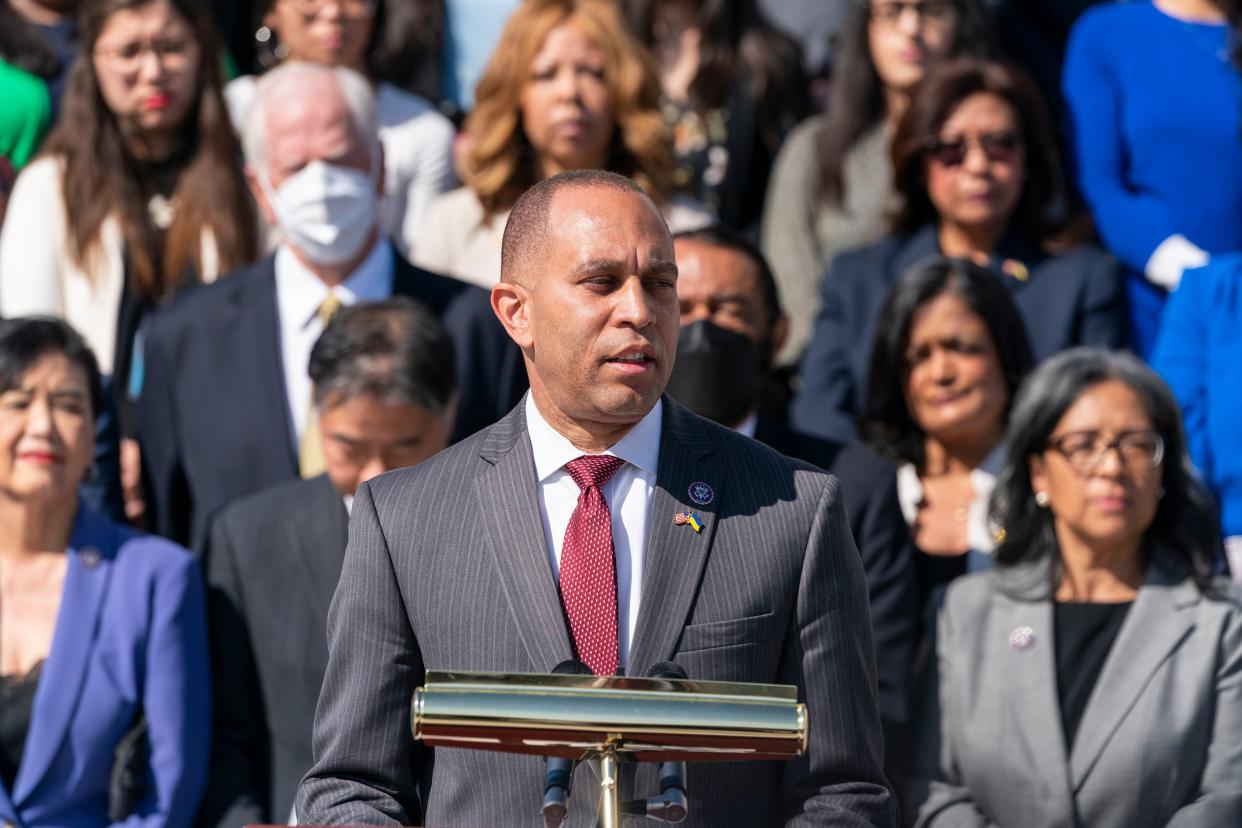 Rep. Hakeem Jeffries, D-N.Y., speaks during an event on the steps of the House of Representatives on the East Front of the U.S. Capitol in Washington, D.C. on Wednesday, March 16, 2022. 