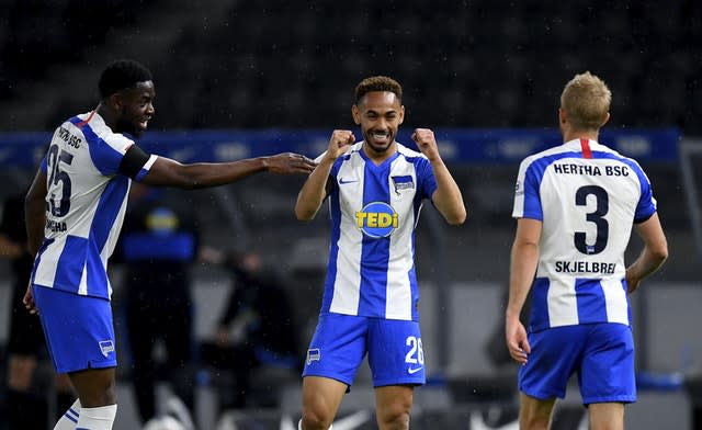 Matheus Cunha scoring Hertha's third goal against Union Berlin 