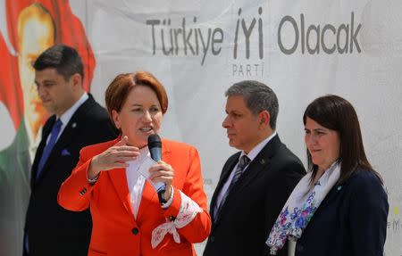 Meral Aksener, Iyi (Good) Party leader and presidential candidate, speaks during an election rally in Istanbul, Turkey June 22, 2018. REUTERS/Huseyin Aldemir