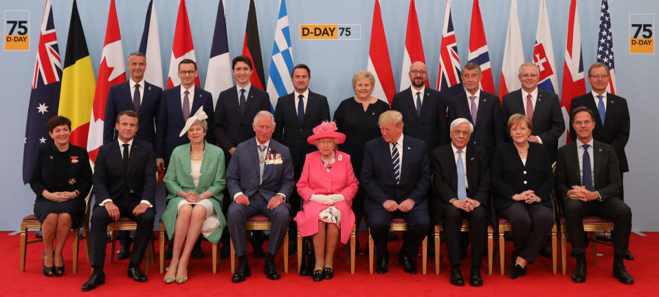 (back row left to right) Deputy Prime Minister of Slovakia Richard Rasi, Prime Minister of Poland Mateusz Morawiecki, Prime Minister of Canada Justin Trudeau, Prime Minister of Luxembourg Xavier Bettel, Prime Minister of of Norway Erna Solberg, Prime Minister of Belgium Charles Michel, Prime Minister of the Czech Republic Andrej Babis, Prime Minister of Australia Scott Morrison and Danish Ambassador to the UK Lars Thuesen. (front row, left to right) Governor-General of New Zealand Patsy Reddy, President of France Emmanuel Macron, Prime Minister Theresa May, the Prince of Wales, Queen Elizabeth II, US President Donald Trump, President of Greece Prokopis Pavlopoulos, German Chancellor Angela Merkel and Prime Minister of the Netherlands Mark Rutte at a meeting of leaders the Allied Nations during commemorations for the 75th Anniversary of the D-Day landings at Southsea Common, Portsmouth.