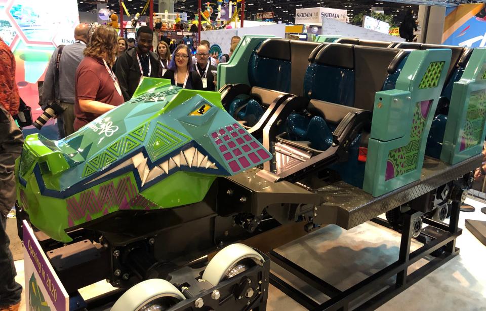 At the IAAPA Expo, ride manufacturer Rocky Mountain Construction unveiled one of the crocodile-inspired lead cars for Iron Gwazi, a record-breaking hybrid wooden-steel coaster coming to Busch Gardens Tampa in 2020.