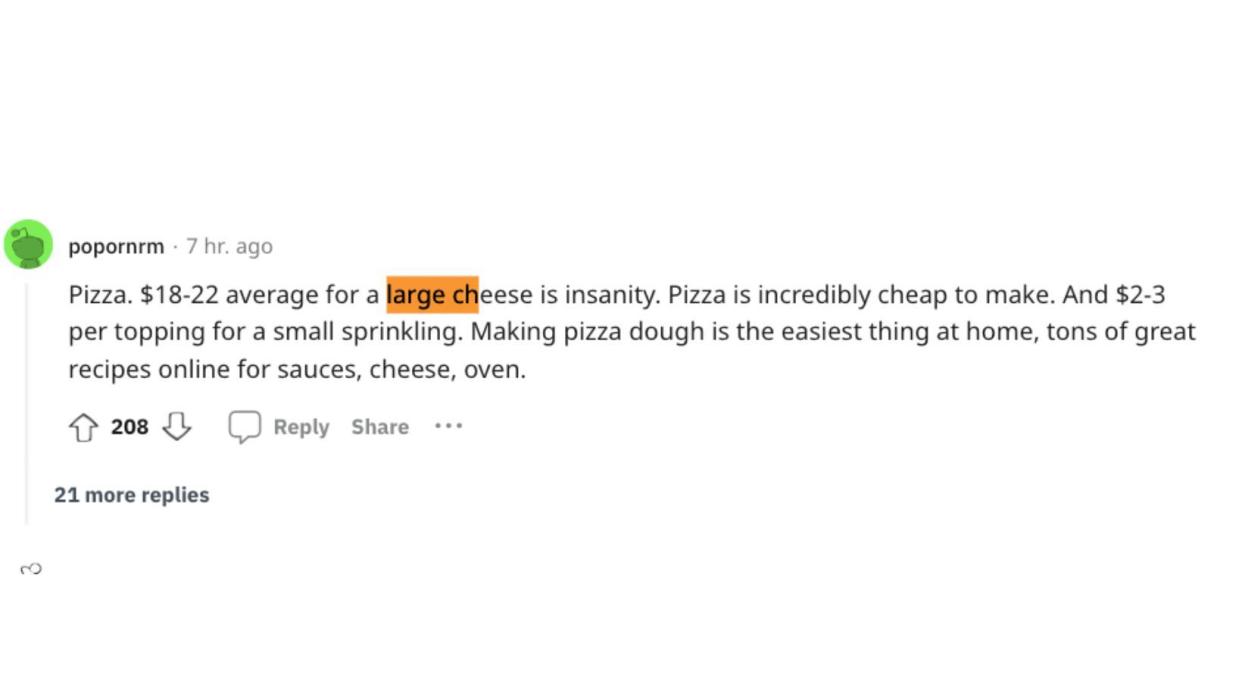 Reddit screenshot about how pizza is crazy expensive to eat out compared to making it at home.