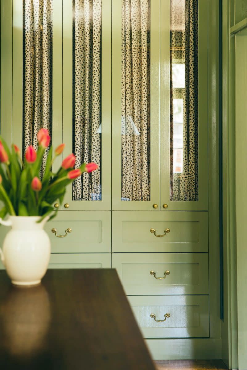 fabric lined green glass doors