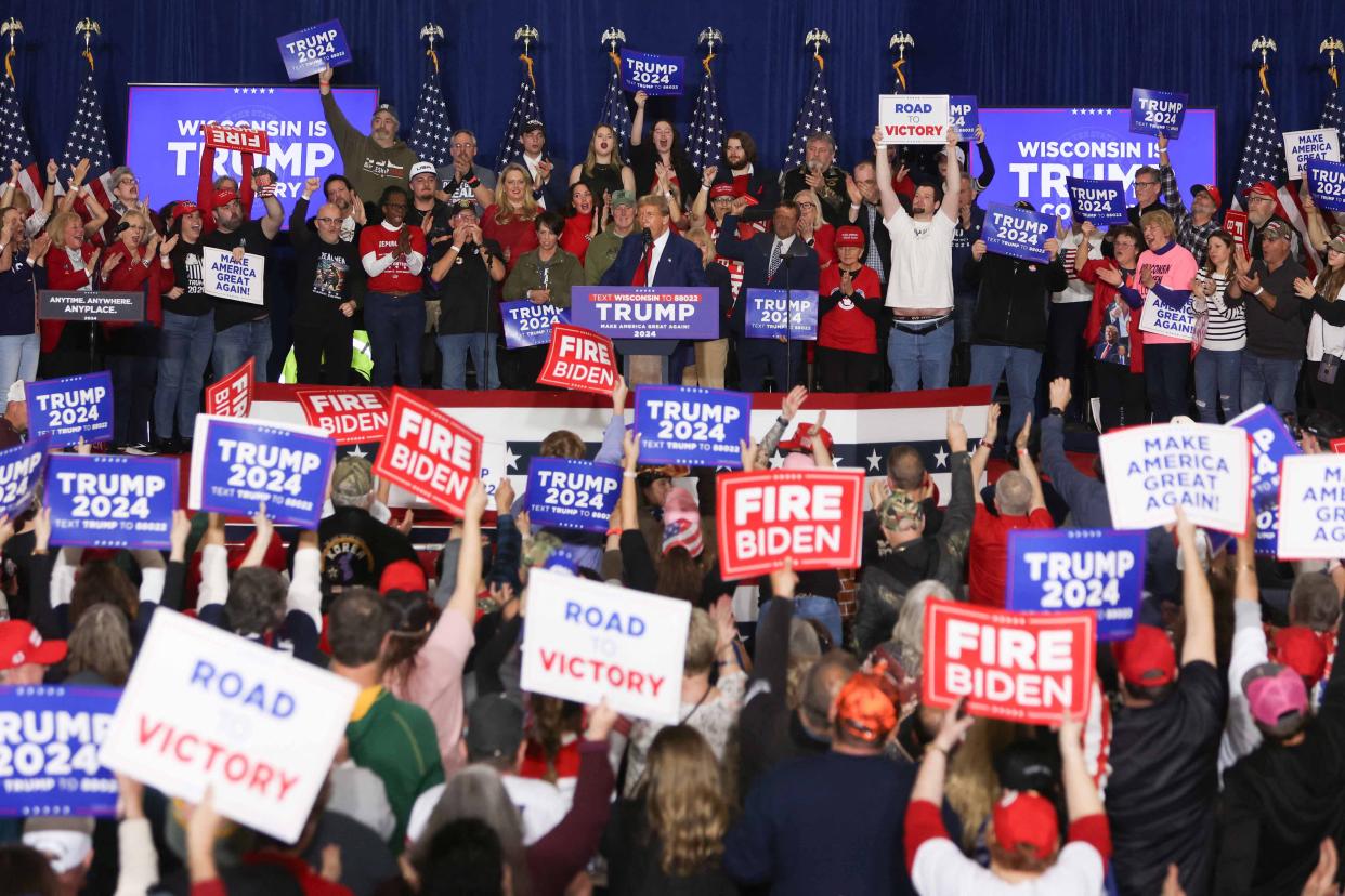 Former US President and 2024 presidential hopeful Donald Trump speaks during a campaign rally at the Hyatt Regency in Green Bay, Wisconsin, on April 2, 2024.