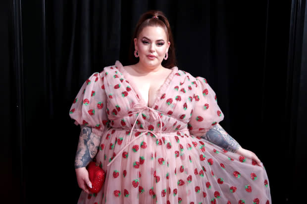 Tess Holliday in Lirika Matoshi's Strawberry Midi Dress at the 2020 Grammy Awards. 