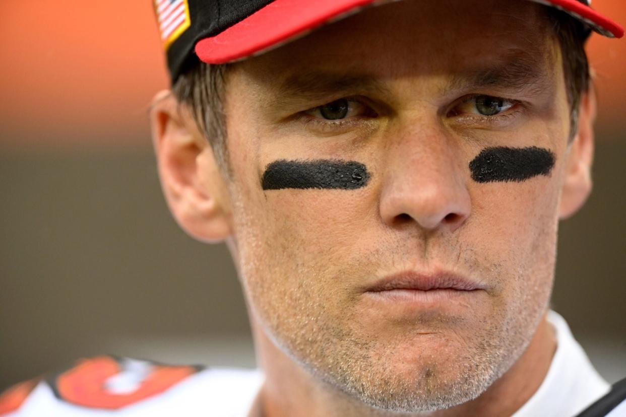 Mandatory Credit: Photo by David Richard/AP/Shutterstock (13639878y) Tampa Bay Buccaneers quarterback Tom Brady warms up before an NFL football game against the Cleveland Browns in Cleveland Buccaneers Browns Football, Cleveland, United States - 27 Nov 2022