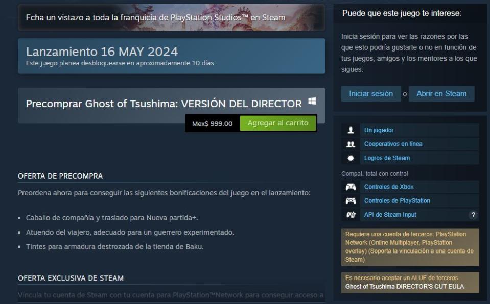 Steam advierte de antemano a los fans en la página de Ghost of Tsushima