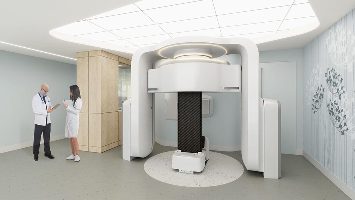 A rendering of a new radiation therapy device, developed by Middleton-based Leo Cancer Care, that allows patients to get radiation while sitting upright. UW Health will become the first in the world to use the technology starting in 2024.