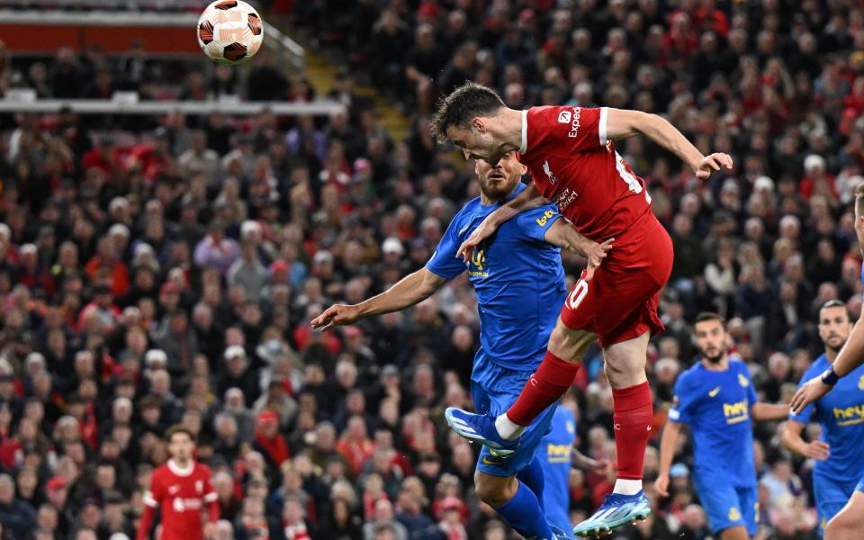 Liverpool's Portuguese striker #20 Diogo Jota has this header saved during the UEFA Europa League group E