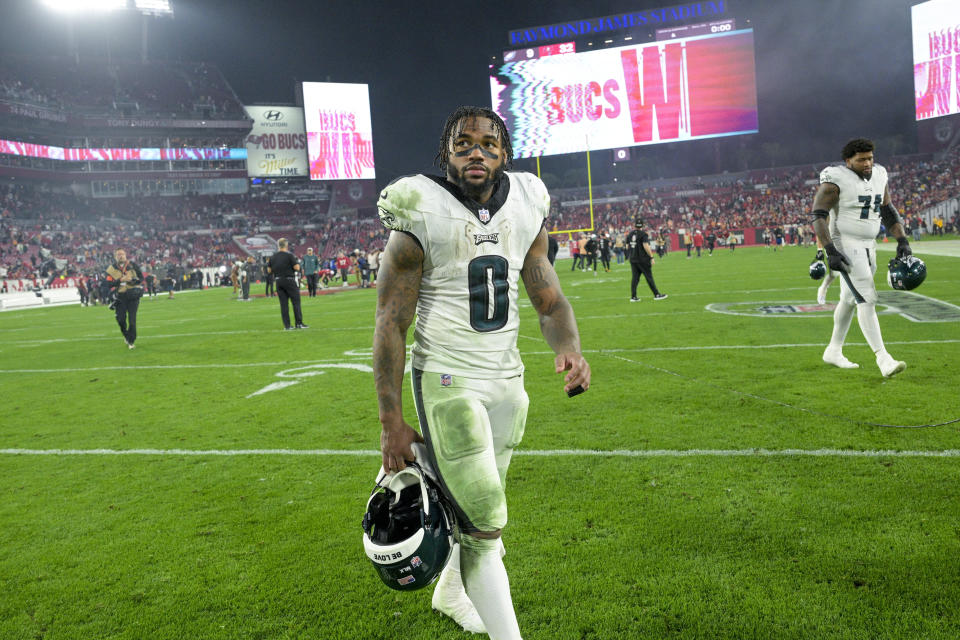 Philadelphia Eagles running back D'Andre Swift walks off the field following an NFL wild-card playoff football game against the Tampa Bay Buccaneers, Monday, Jan. 15, 2024, in Tampa, Fla. The Buccaneers won 32-9. (AP Photo/Phelan M. Ebenhack)