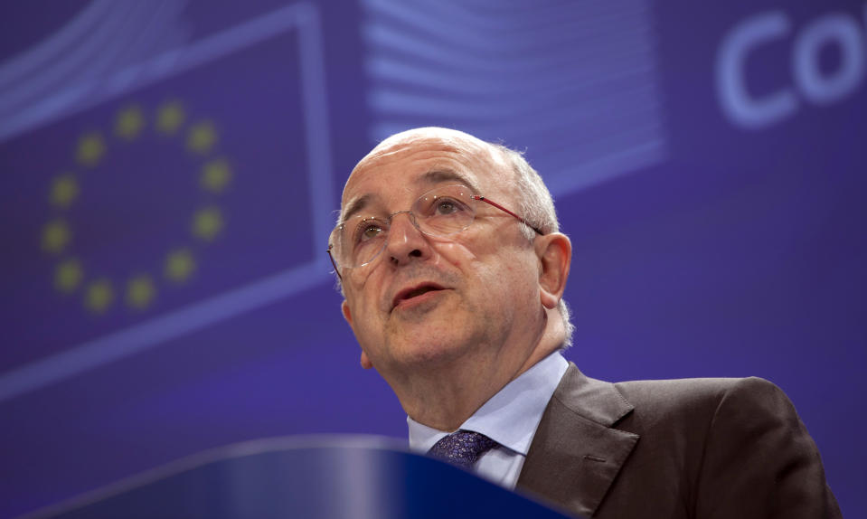 Vice-President of the European Commission Joaquin Almunia speaks during a media conference at EU headquarters in Brussels on Wednesday, Feb. 27, 2013. The European Union's antitrust authority on Wednesday blocked budget airline Ryanair's renewed bid to take over Irish carrier Aer Lingus on grounds that it would undermine competition. (AP Photo/Virginia Mayo)