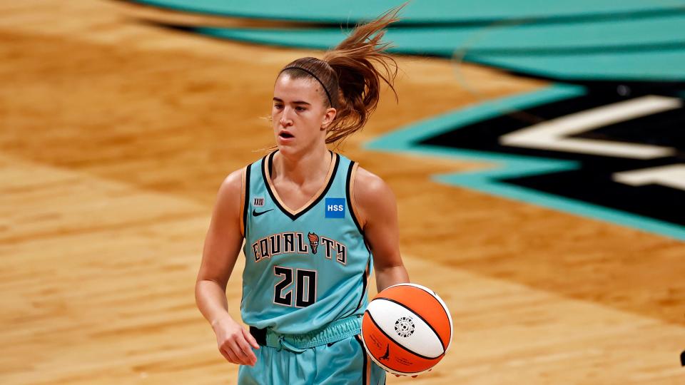 New York Liberty guard Sabrina Ionescu (20) in action against the Indiana Fever during a WNBA basketball game, Friday, May 14, 2021, in New York.