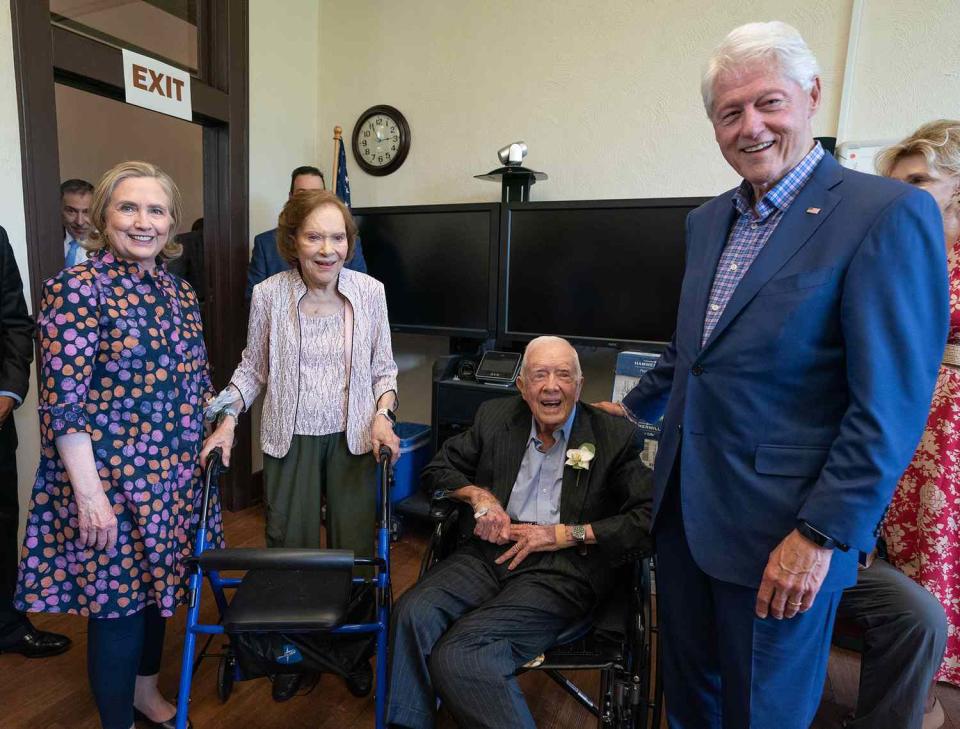 <p>Bill and Hillary Clinton traveled to the Carters' home state of Georgia in July 2021 <a href="https://people.com/politics/jimmy-carter-rosalynn-75-wedding-anniversary-marriage-bill-hillary-clinton/" rel="nofollow noopener" target="_blank" data-ylk="slk:to help the couple celebrate their 75th wedding anniversary;elm:context_link;itc:0;sec:content-canvas" class="link ">to help the couple celebrate their 75th wedding anniversary</a>. </p> <p>"Such a joy to celebrate these two special people, and their incredible bond, yesterday in Georgia," <a href="https://www.instagram.com/p/CRMPbdmpSiv/?utm_medium=copy_link" rel="nofollow noopener" target="_blank" data-ylk="slk:the former First Lady captioned a photo;elm:context_link;itc:0;sec:content-canvas" class="link ">the former First Lady captioned a photo</a> of the two couples posing together. "Happy 75th anniversary, Jimmy and Rosalynn!"</p>