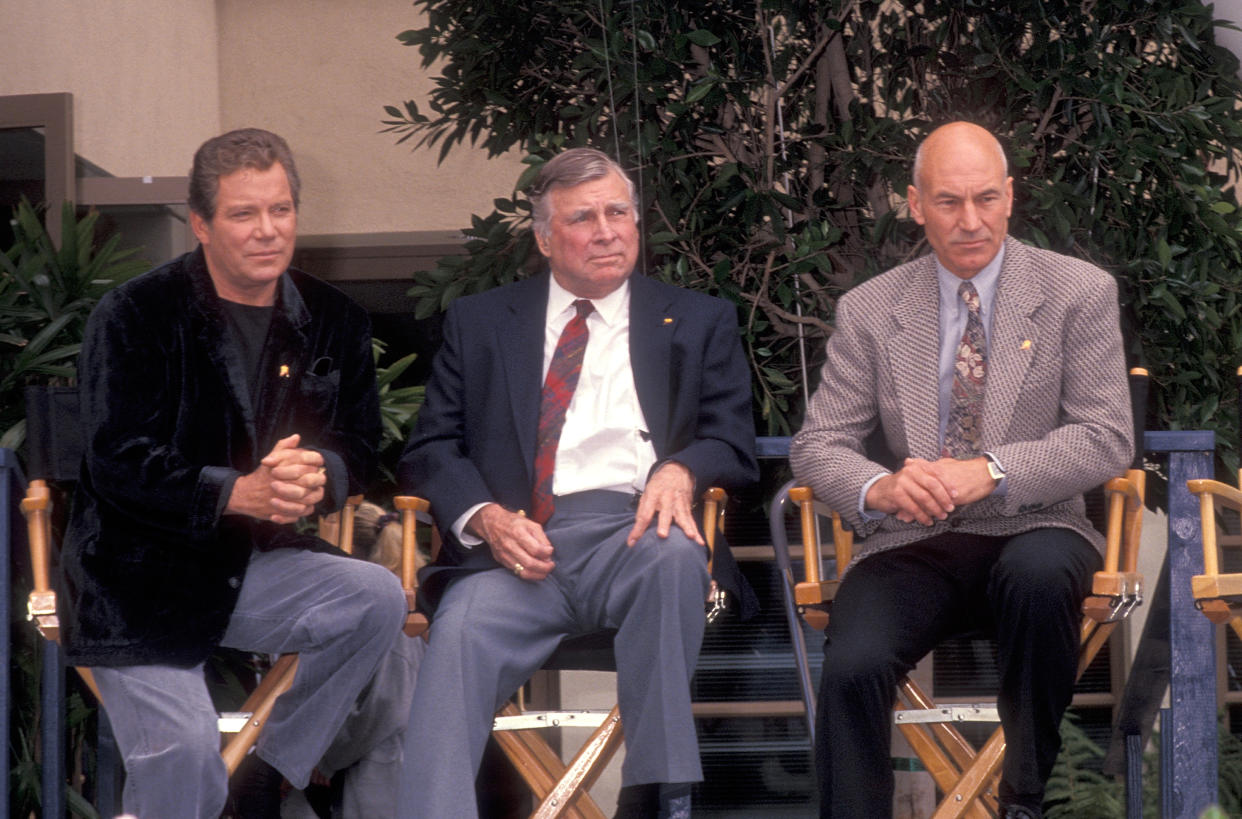 HOLLYWOOD, CA - JUNE 6:   Actor William Shatner, producer Gene Roddenberry and actor Patrick Stewart attend the 