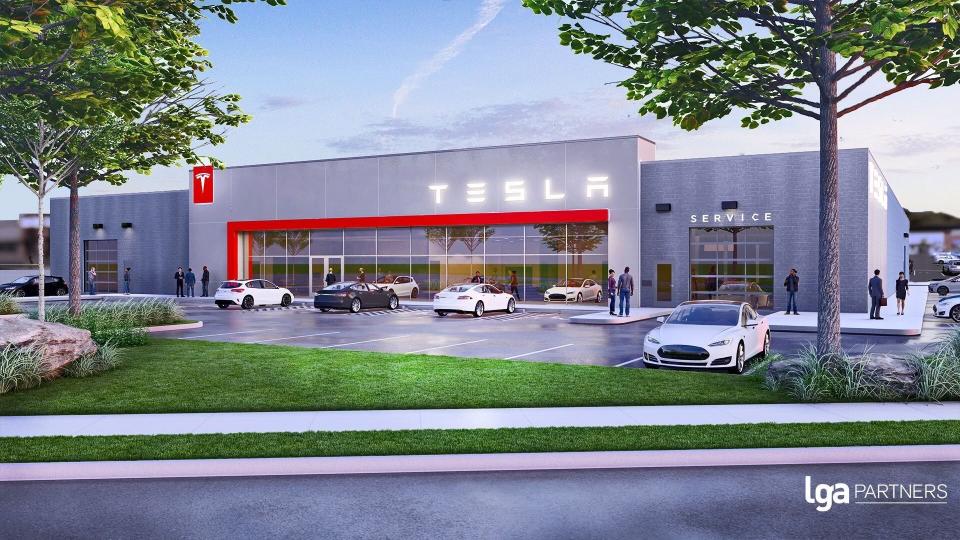 The Oneida Indian Nation is partnering with Tesla to develop the first electric vehicle showroom in upstate New York. This is an artist's rendering of the anticipated showroom.