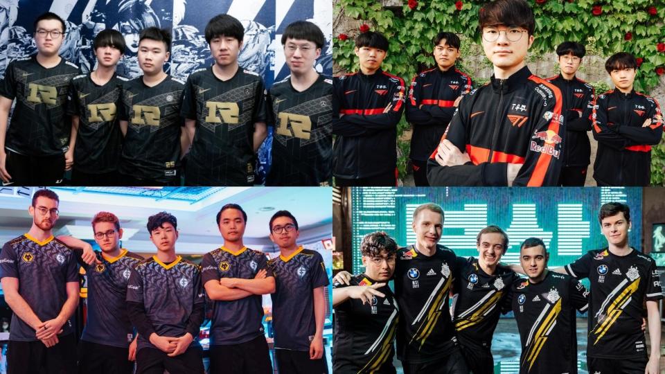 Split pictures of the teams from Royal Never Give Up, T1, Evil Geniuses and G2 Esports, the final four teams of the MSI 2022. (Photo: Riot Games)