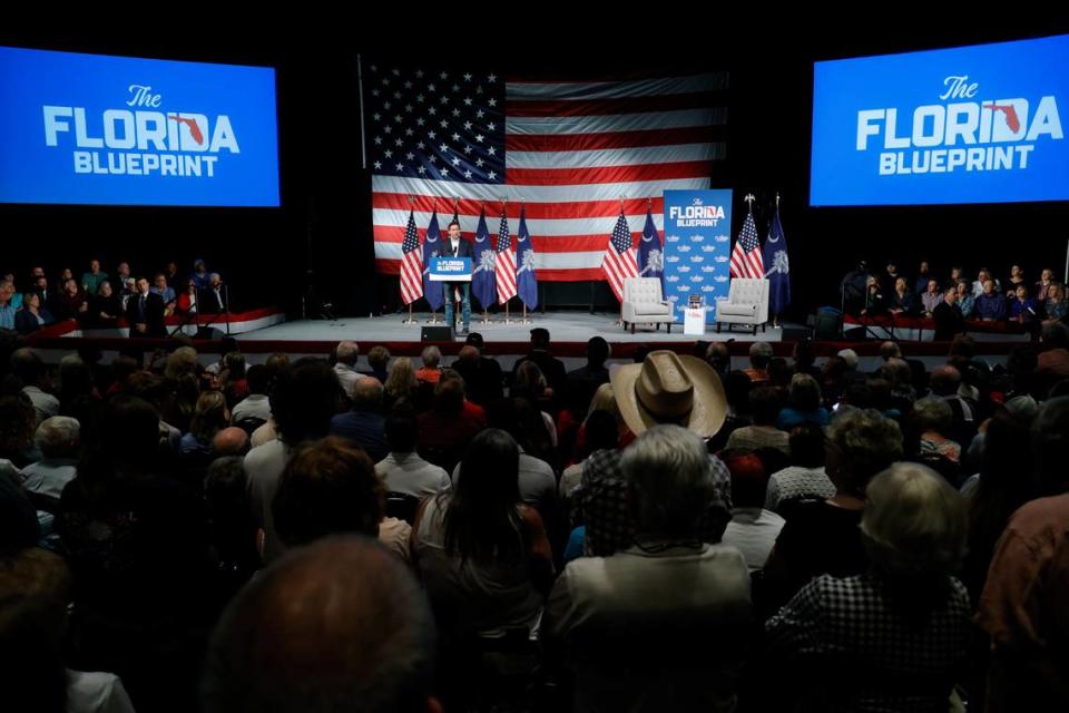 Florida Gov. Ron DeSantis speaks during a tour at North Baptist Church in Spartanburg on Wednesday April 19, 2023.