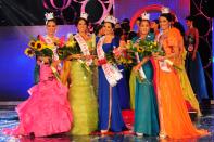 Miss World Philippines 2012 Queeneerich Rehman (center) of Las Pinas joins (from left) 3rd Princess April Love Jordan of Tondo, 1st Princess Maryanne Ross Misa of Paranaque, 2nd Princess Vanessa Claudine Amman of Cebu, and 4th Princess Brenna Cassandra Gamboa of Batangas, during the Miss World Philippines 2012 coronation night held at the Manila Hotel on 24 June 2012. (NPPA Images)