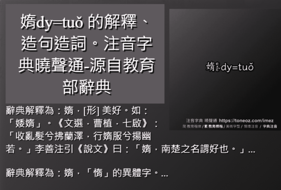 「媠」漢語發音tuo，亦是「惰」的異體字，雖有「好」的意思，但不是「美」，音義都跟台語的sui（美）扯不上關係。示意圖／翻拍網路