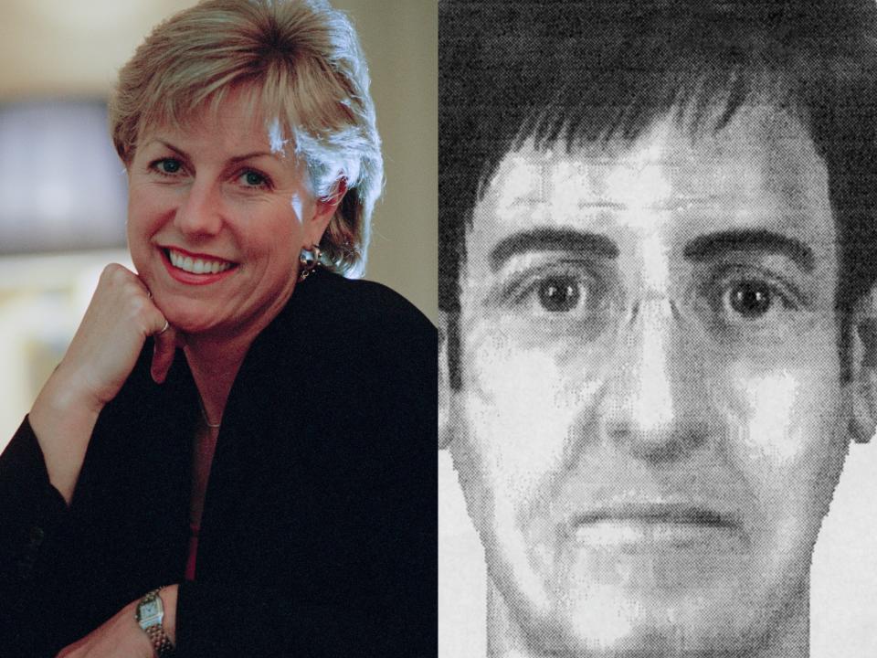 English television presenter Jill Dando on UK, 30th October 1996, and archive footage in Netflix's "Who Killed Jill Dando?" showing the e-fit of a suspect.