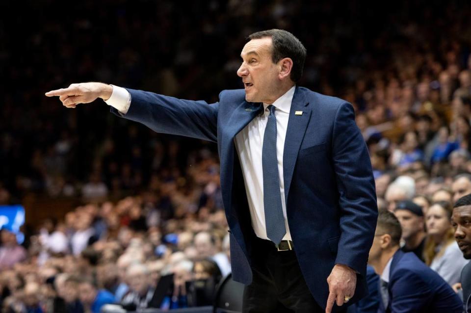 Duke Head Coach Mike Krzyzewski directs his team during the second half of an NCAA college basketball game against Louisville in Durham, N.C., Saturday, Jan. 18, 2020.