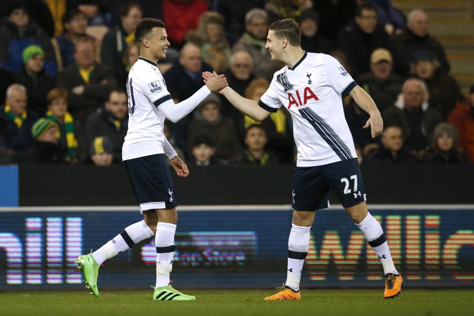 Football Soccer - Norwich City v Tottenham Hotspur - Barclays Premier League - Carrow Road - 2/2/16 Tottenham's Dele Alli celebrates scoring their first goal with Kevin Wimmer Action Images via Reuters / Paul Childs Livepic EDITORIAL USE ONLY. No use with unauthorized audio, video, data, fixture lists, club/league logos or "live" services. Online in-match use limited to 45 images, no video emulation. No use in betting, games or single club/league/player publications. Please contact your account representative for further details.