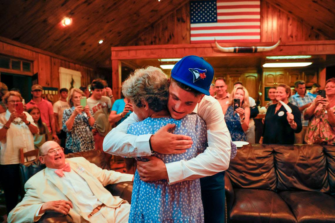 Tucker Toman celebrates with his grandmother, Carol Ann McLaughlin and family and friends after being picked to play for the Toronto Blue Jays on Sunday, July 17, 2022.