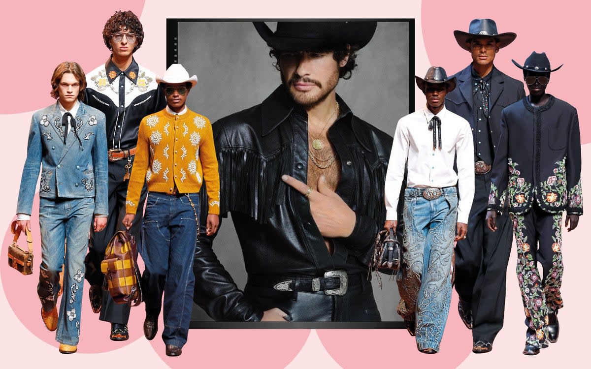 Centre, Luke Day photographed the the Morelli Brothers for Sonora boots; runway, Louis Vuitton menswear, AW24  (Urban cowboys)