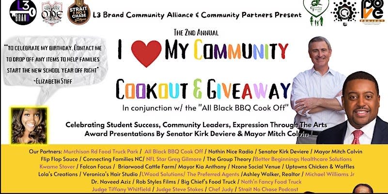 The second annual I Love My Community Giveaway and first annual Black BBQ Cook Off is noon-5 p.m. Sunday at the Murchison Road Food Truck Park,