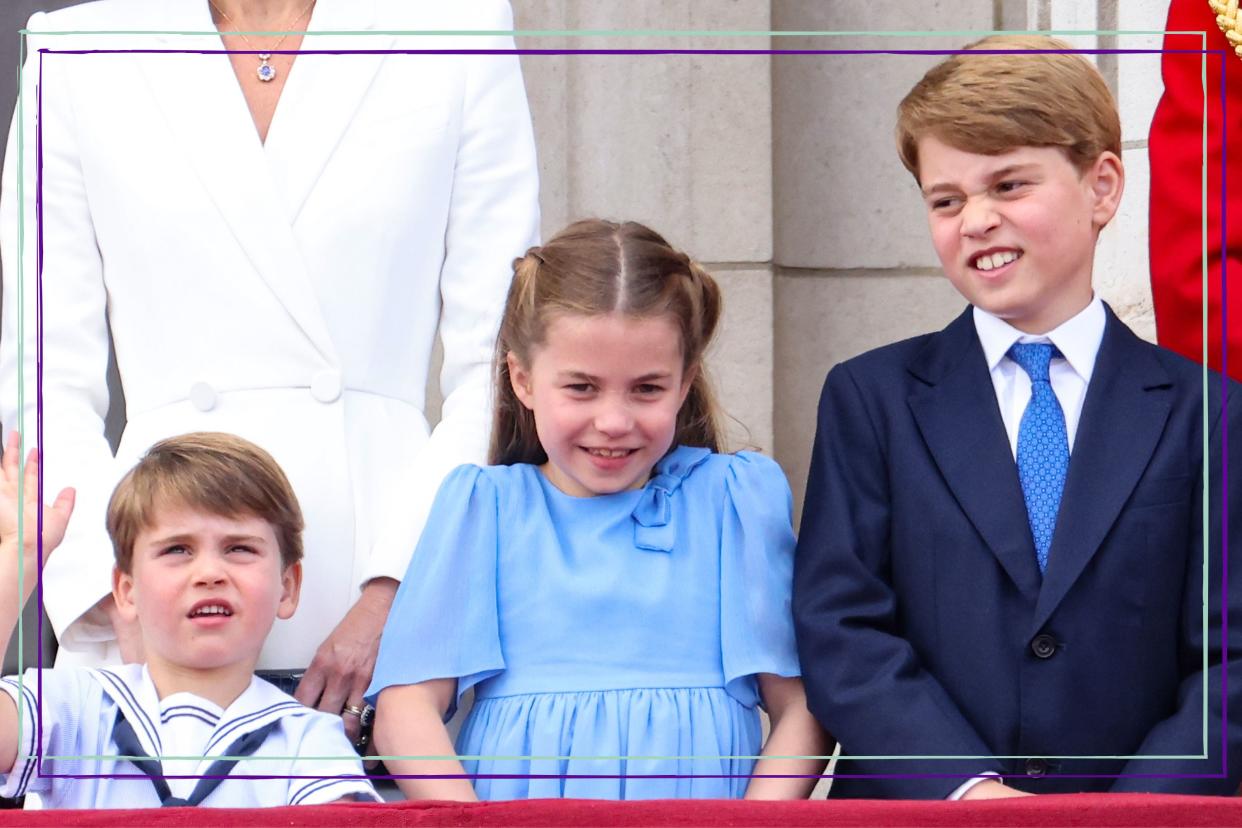  Prince Louis of Cambridge, Catherine, Duchess of Cambridge, Princess Charlotte of Cambridge, Prince George of Cambridge and Prince William, Duke of Cambridge watch the RAF flypast. 