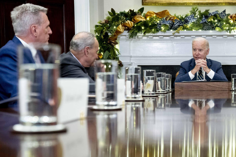 FTSE  FILE - President Joe Biden, right, speaks at the top of a meeting with congressional leaders to discuss legislative priorities for the rest of the year, Nov. 29, 2022, in the Roosevelt Room of the White House in Washington, as House Minority Leader Kevin McCarthy of Calif., Senate Majority Leader Chuck Schumer, of N.Y. House Speaker Kevin McCarthy said Sunday, Jan. 29, 2023, that he is looking forward to discussing with Biden a “reasonable and responsible way to lift the debt ceiling” when the two meet for their first sit-down on Wednesday with McCarthy as leader of the chamber. (AP Photo/Andrew Harnik, File)