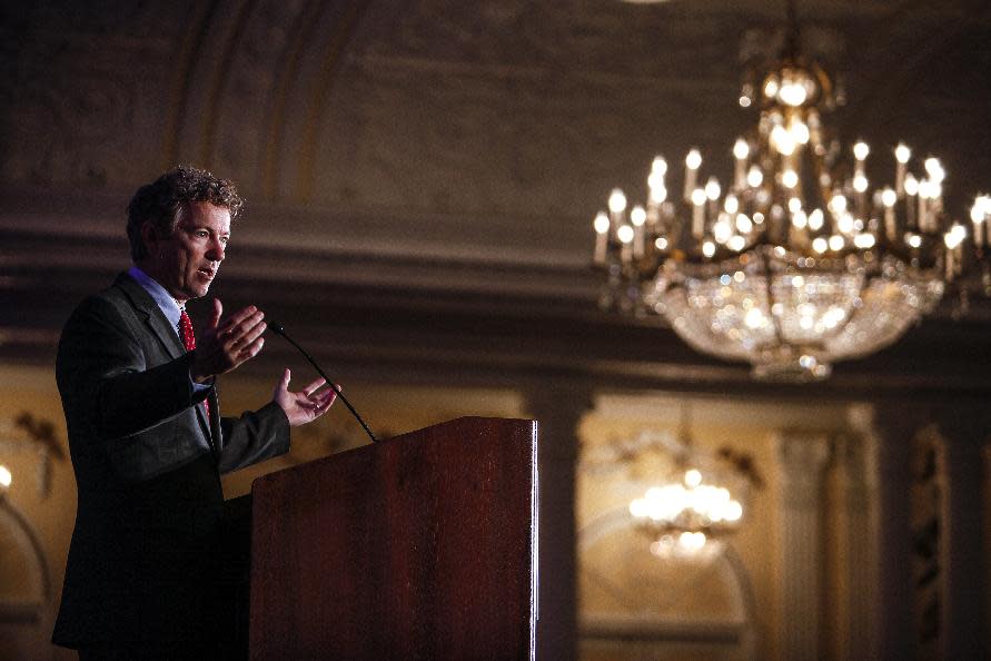 Kentucky Senator Rand Paul address attendees during the Republican National Committee spring meeting at the Peabody hotel in Memphis, Tenn., on Friday, May 9, 2014. Paul urged members to rethink policies on national security and drug prosecutions (AP Photo/The Commercial Appeal, William DeShazer)