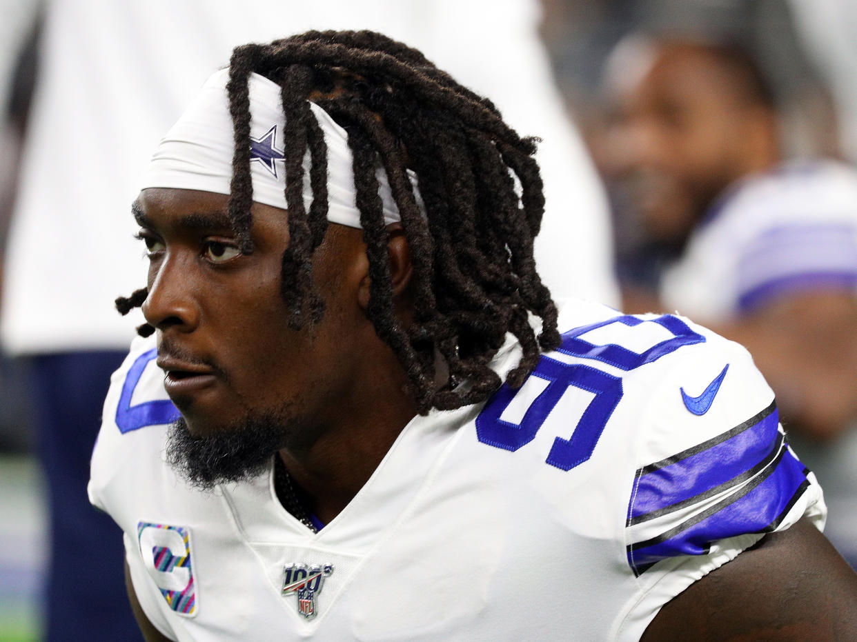 Demarcus Lawrence #90 of the Dallas Cowboys stretches on the field before the game against the Philadelphia Eagles at AT&T Stadium on October 20, 2019 in Arlington, Texas. (Photo by Richard Rodriguez/Getty Images)