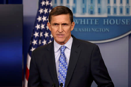 FILE PHOTO: White House National Security Advisor Michael Flynn speaks at the White House in Washington, U.S. on February 1, 2017. REUTERS/Carlos Barria/File Photo