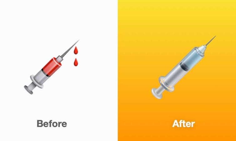 Two emojis of a syringe - one dripping with blood, one with clear liquid