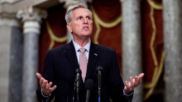 PHOTO: U.S. Speaker Kevin McCarthy speaks at a news conference in Statuary Hall of the U.S. Capitol Building, Jan. 12, 2023 in Washington, DC. (Anna Moneymaker/Getty Images)