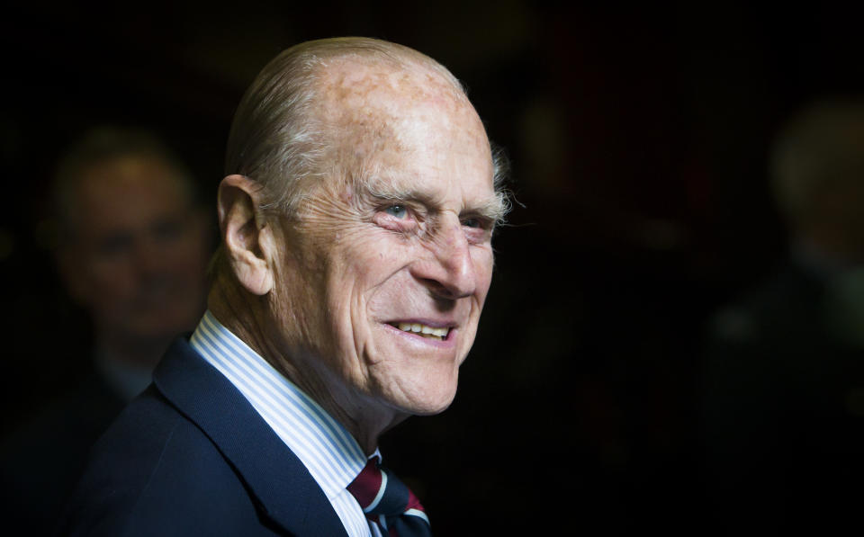 Prince Philip, Duke of Edinburgh smiles during a visit to the headquarters of the Royal Auxiliary Air Force