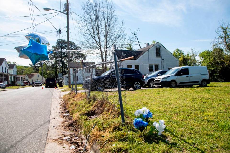 A small memorial is at the scene where a Pasquotank County sheriff’s deputy shot and killed Andrew Brown Jr., who is Black, on April 21, 2021 in Elizabeth City, North Carolina. Officials say they were executing a search warrant about 8:30 a.m. Wednesday on Perry Street. The shooting is under review by the State Bureau of Investigation.